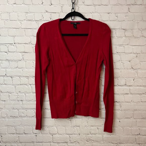 Red V-neck Cardigan Sweater H&M Basic Long Sleeve Wardrobe Staple sz 12 large - Picture 1 of 5